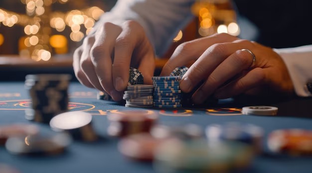 Live dealer at blackjack table in professional studio